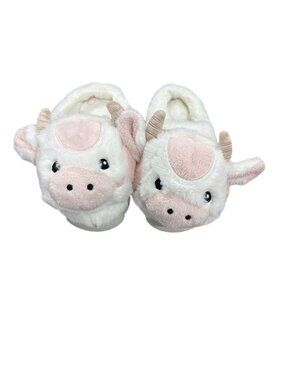 Cloud Critters Plush Cow Slippers Medium Women's 6.5-7.5 White & Pink Cozy Indoo